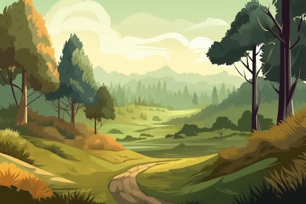 A painting of a forest scene with a dirt road generative AI