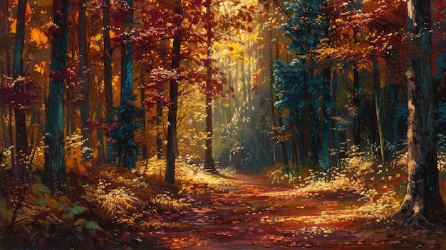 A painting of a forest with autumn leaves on the ground