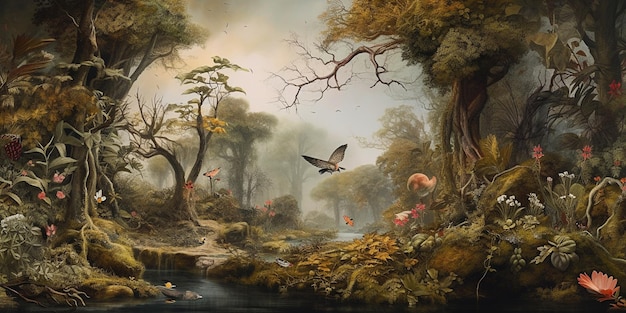 A painting of a forest with a bird flying above it