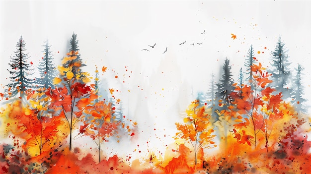 a painting of a forest with birds flying in the sky