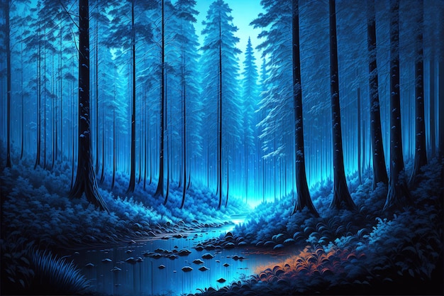 A painting of a forest with a blue background and the word forest on the bottom.