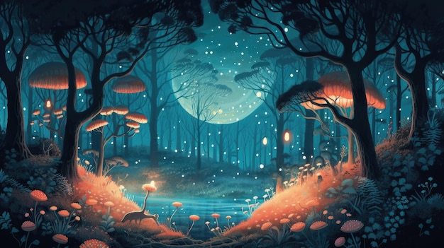 A painting of a forest with a blue moon and a forest scene.