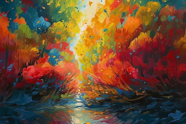 A painting of a forest with colorful leaves on it