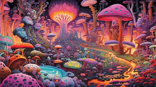 A painting of a forest with a colorful mushroom and a pond.