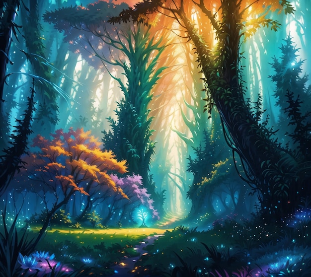 A painting of a forest with a colorful sky and trees.