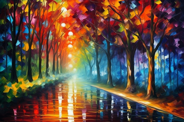 A painting of a forest with colorful trees