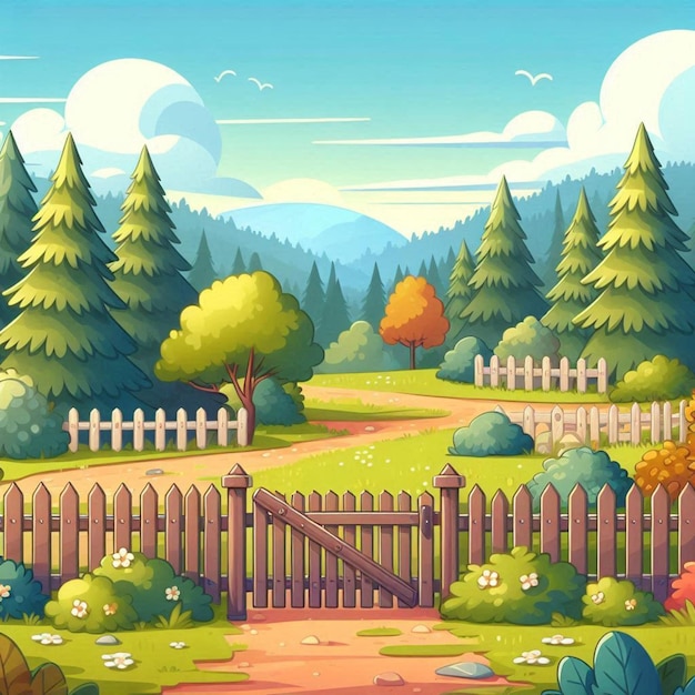 a painting of a forest with a fence and a fence