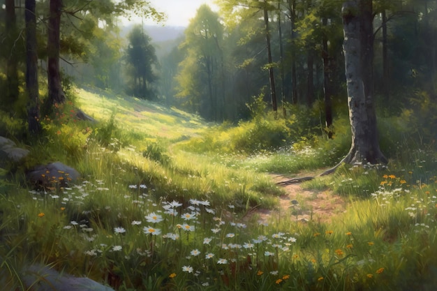 A painting of a forest with a field of flowers.