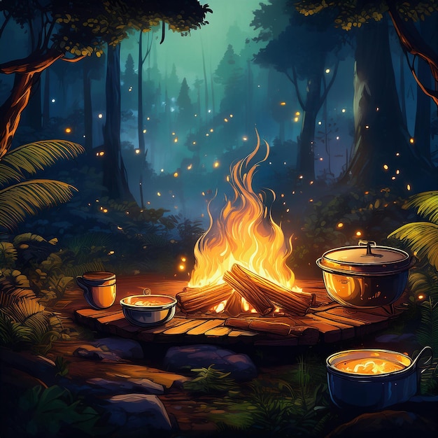 a painting of a forest with a fire and a pot of tea