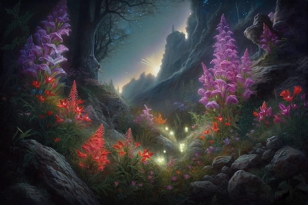 A painting of a forest with flowers and a forest scene.