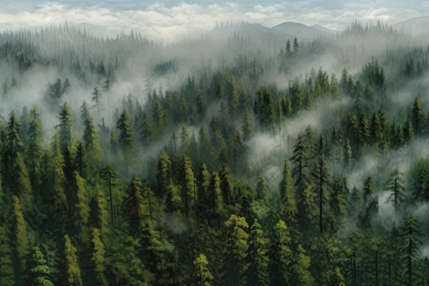 A painting of a forest with fog and trees Generative AI