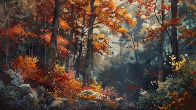 a painting of a forest with a forest in the background