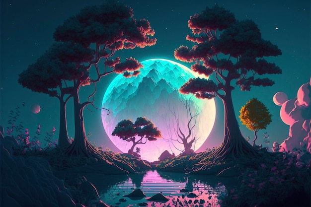 Painting of a forest with a full moon in the background generative ai