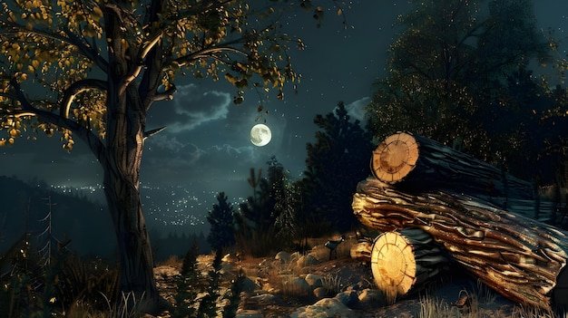 a painting of a forest with a full moon in the background