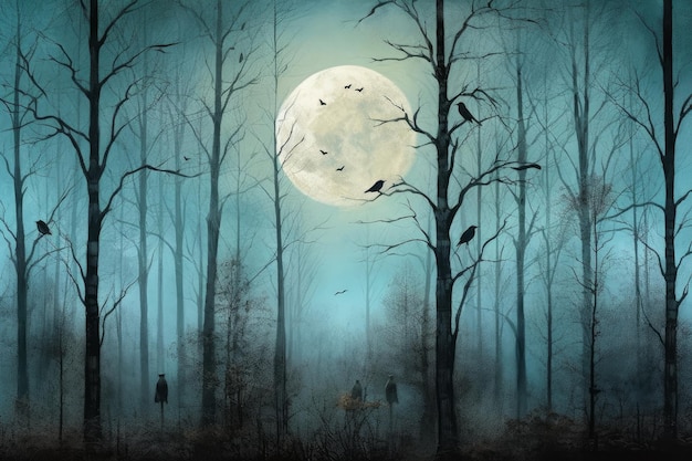 A painting of a forest with a full moon in the background.