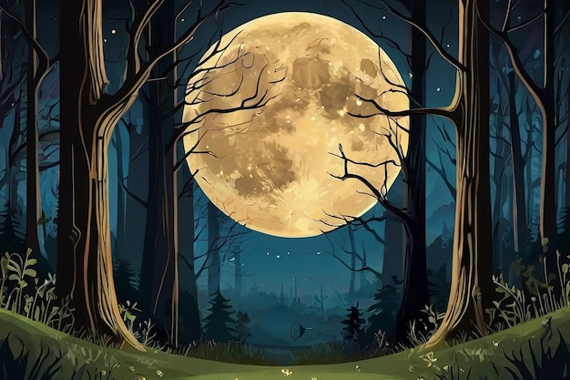 a painting of a forest with a full moon in the background