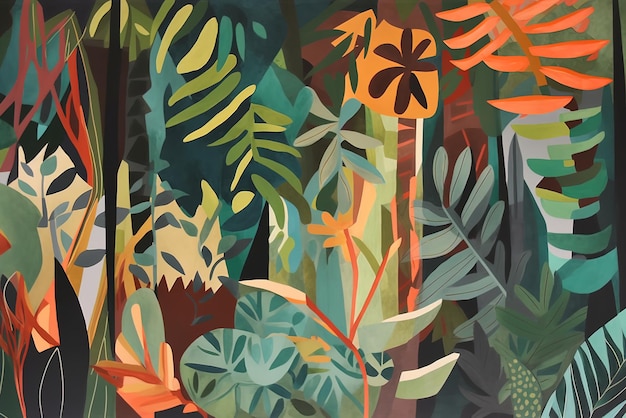 A painting of a forest with a green background and a leafy plant.