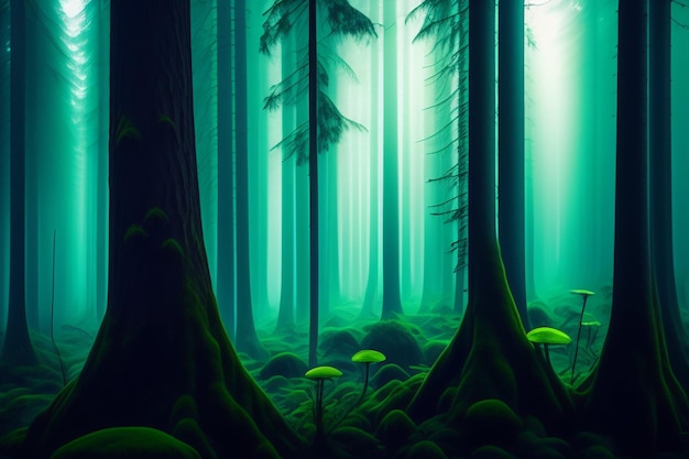 A painting of a forest with a green forest and mushrooms.