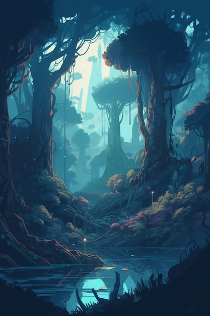 A painting of a forest with a lake in the middle and a forest with a glowing candle on the bottom.