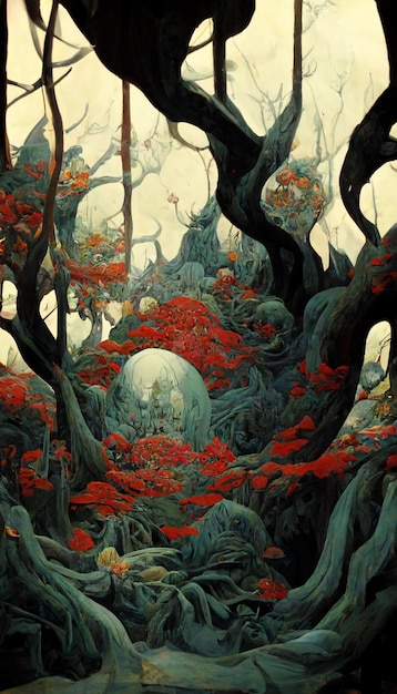 A painting of a forest with a large tree and a red ball on the bottom.