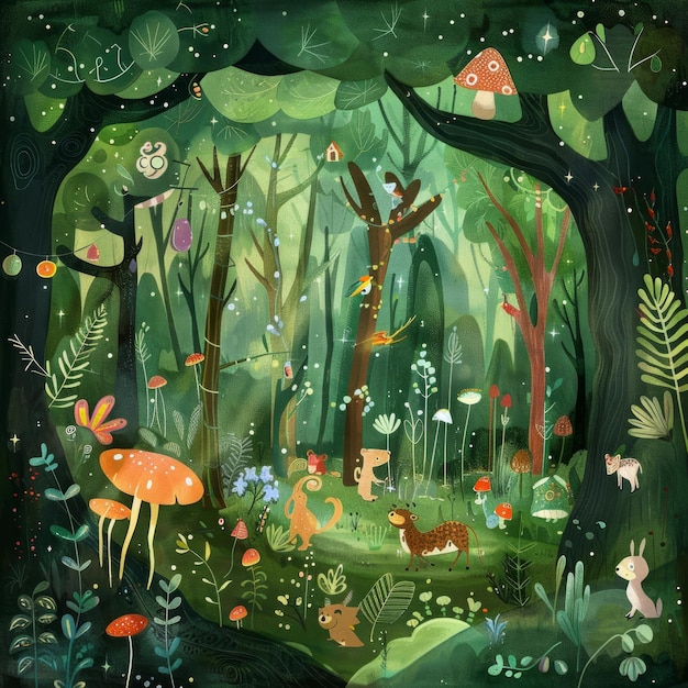 A painting of a forest with many animals and plants