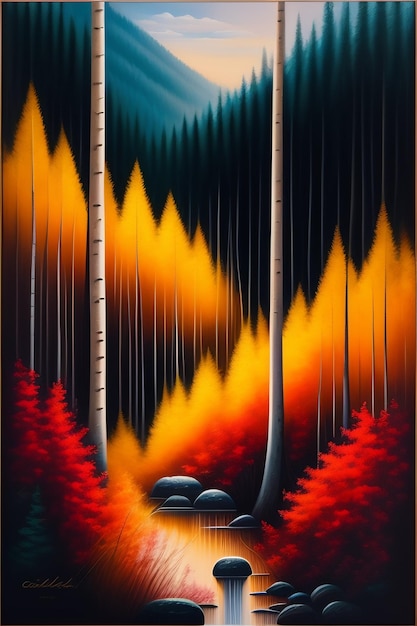 A painting of a forest with a moon in the sky.