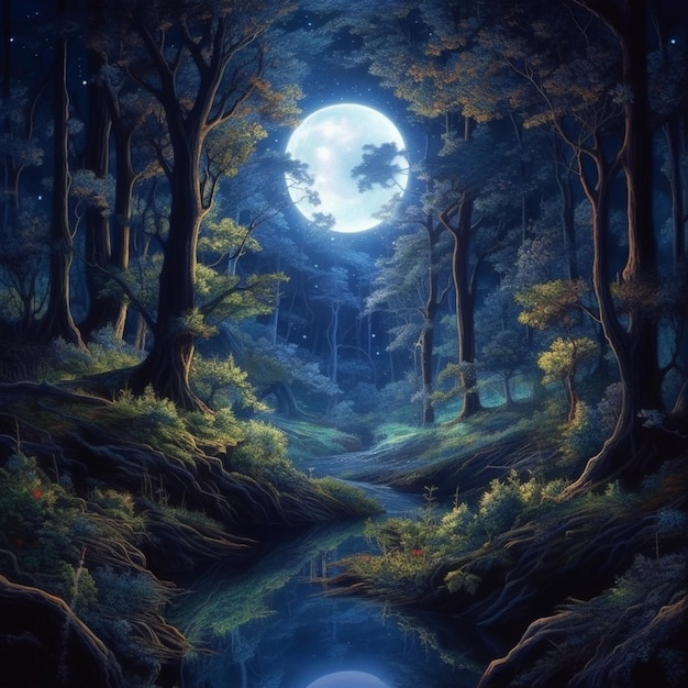 A painting of a forest with a moon in the sky