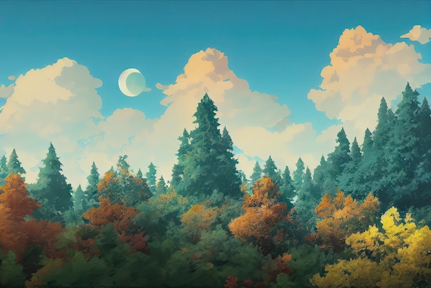 A painting of a forest with a moon and trees in the background