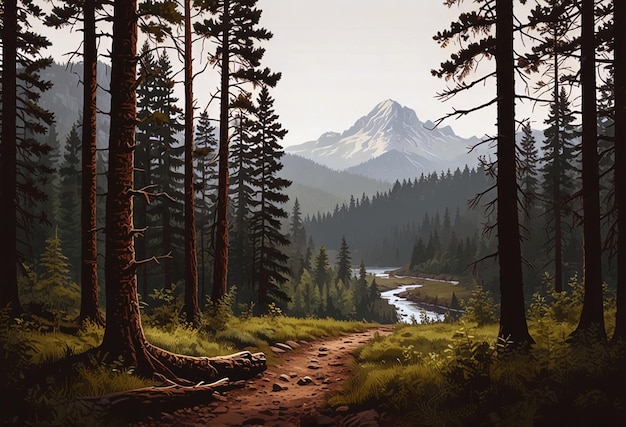 a painting of a forest with a mountain in the background