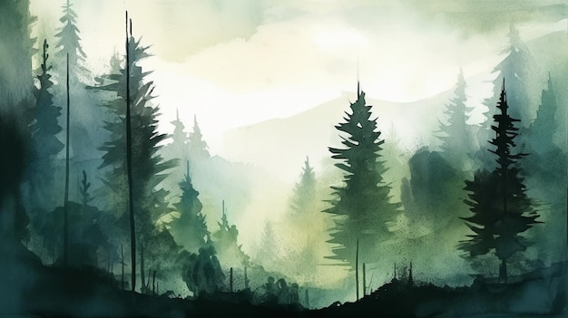 A painting of a forest with mountains in the background