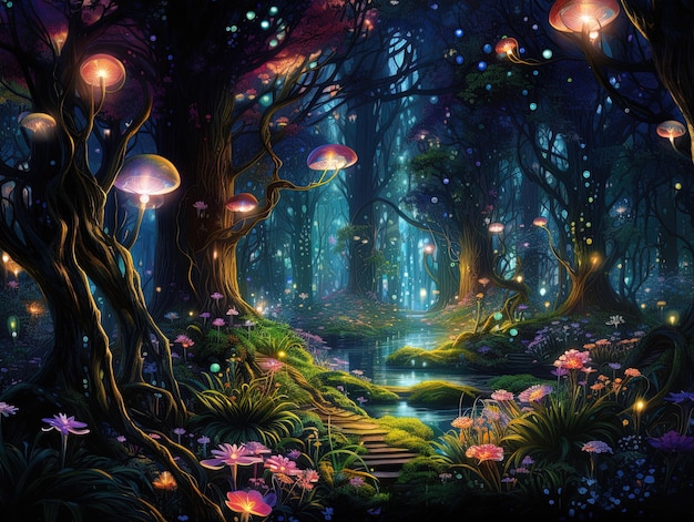 a painting of a forest with mushrooms and plants