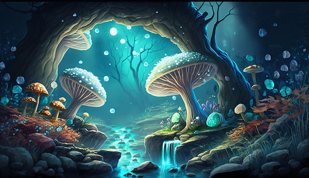 A painting of a forest with mushrooms and a waterfall