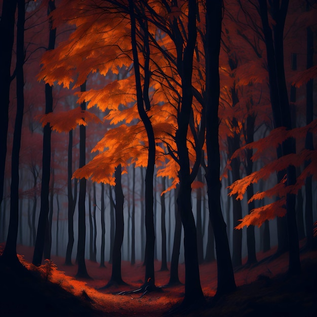 A painting of a forest with orange leaves and the word fall on it.