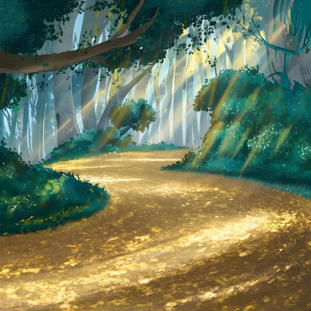 a painting of a forest with a path that has the sun shining through the trees