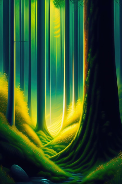 A painting of a forest with a path that is lit up with the sun shining through it.