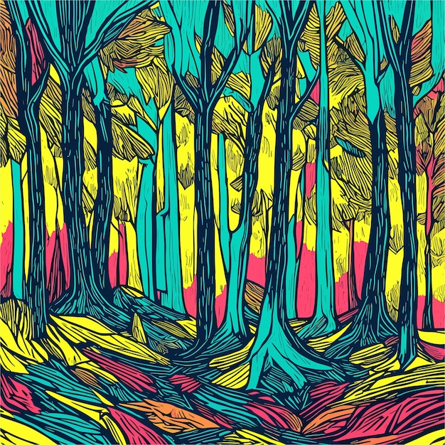 a painting of a forest with a path through it and trees in the background