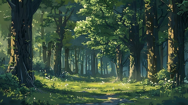 a painting of a forest with a path in the woods