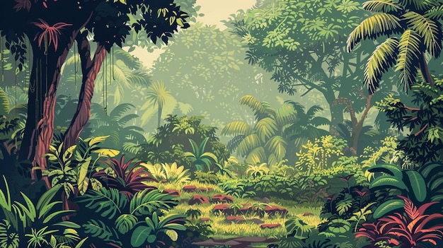 a painting of a forest with plants and animals in it