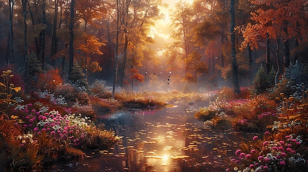 a painting of a forest with a pond and the sun shining through the trees