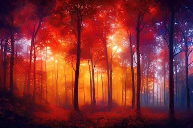 A painting of a forest with red and orange leaves