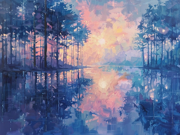 a painting of a forest with a reflection of trees and the sun in the background