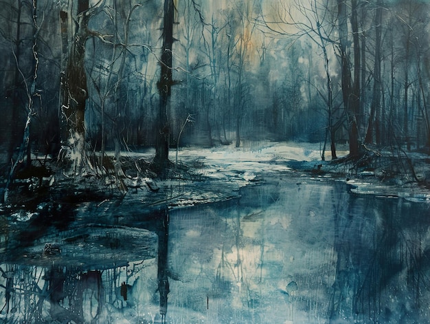 a painting of a forest with a reflection of trees in the water