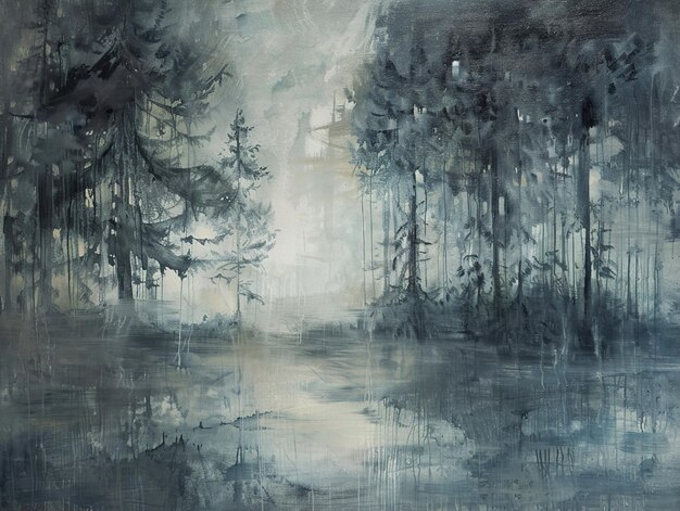 Photo a painting of a forest with a reflection of trees in the water