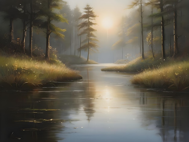 a painting of a forest with a river and trees in the background