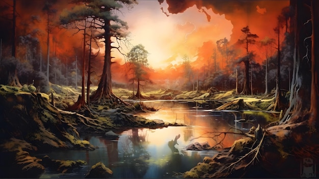 A painting of a forest with a river and trees in the background.