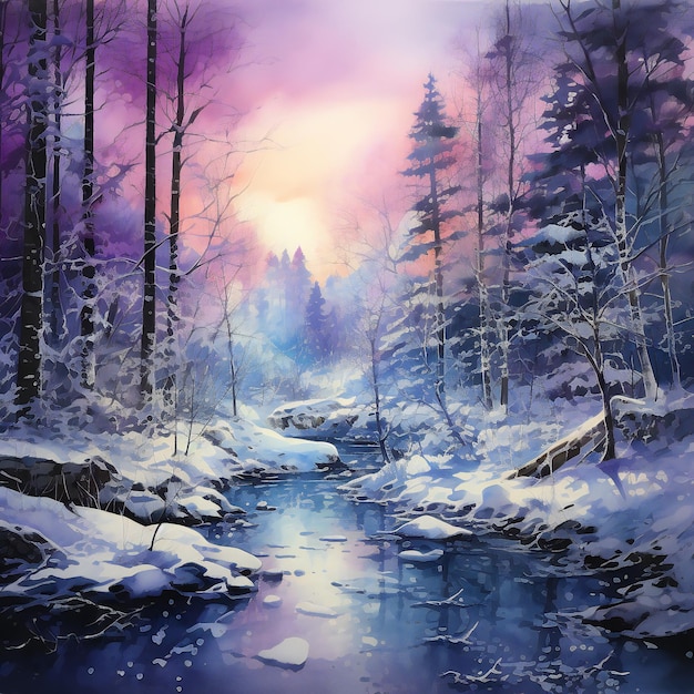 a painting of a forest with a river and trees covered in snow.