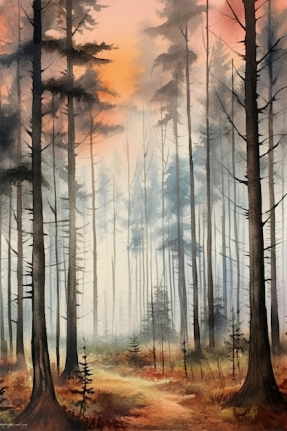 A painting of a forest with a sky in the background