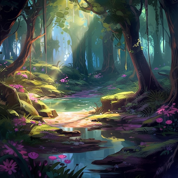 A painting of a forest with a stream in the middle of it and a forest with purple flowers.