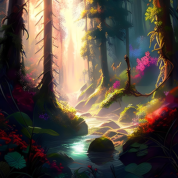 A painting of a forest with a stream running through it and the sun shining on it.