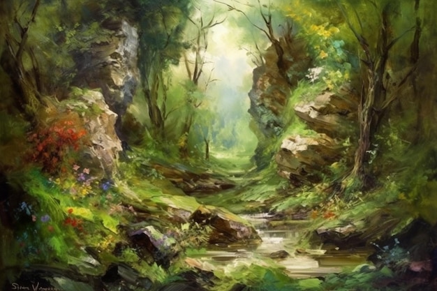 A painting of a forest with a stream running through it.